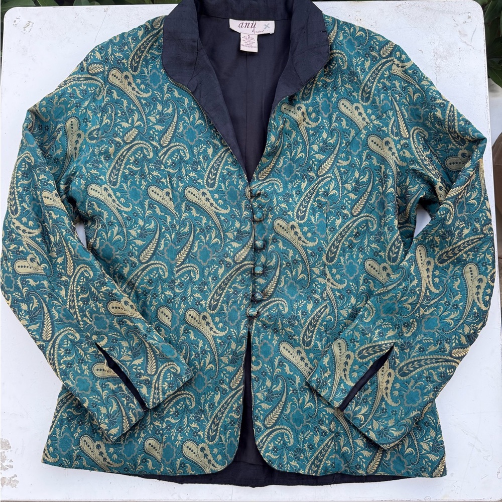 Vtg Anu by Natural Silk blend blazer Women's Paisley Jacket Teal Gold made India